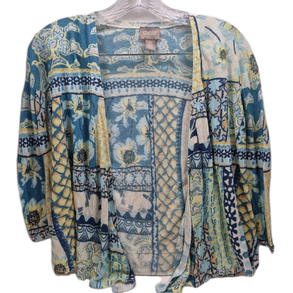 Chico's Women's 0 Spring Flowers 3/4 Sleeve Open Front Feminine Patchwork